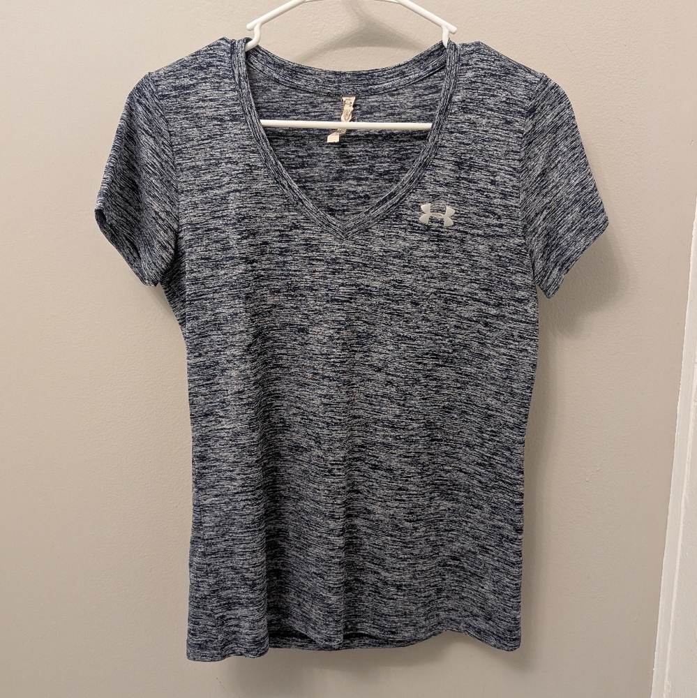 Women's Under Armour Navy & Gray Tec Twist V-Neck Short Sleeve Shirt, Size XS